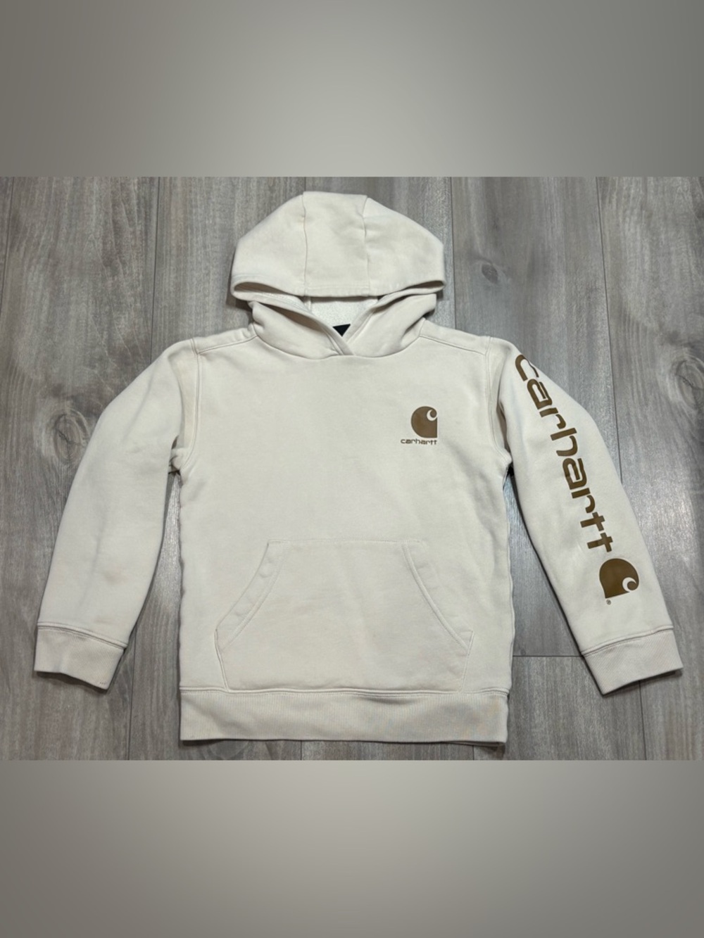 Carhartt Boy’s Ivory Pullover Hoodie with Tan Logo Size S(8-10)